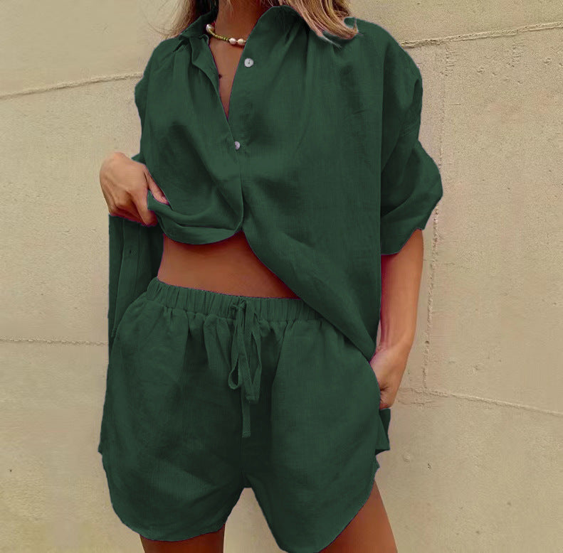 Women’s Two-Piece Set – Lightweight Linen Blend – Relaxed Fit Shirt and Drawstring Shorts