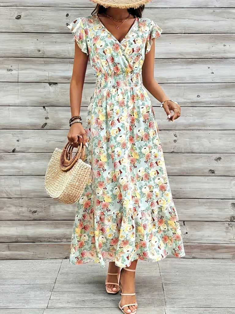 Women’s Maxi Dress – Floral Print – V-Neck – Tiered Skirt – Flutter Sleeves – Cotton Blend