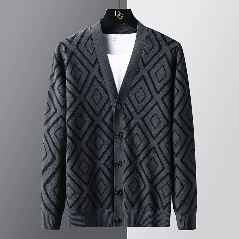 Men’s Cardigan Sweater – Slim Fit – Knitted Wool Blend – Jacquard – Button Front Layer