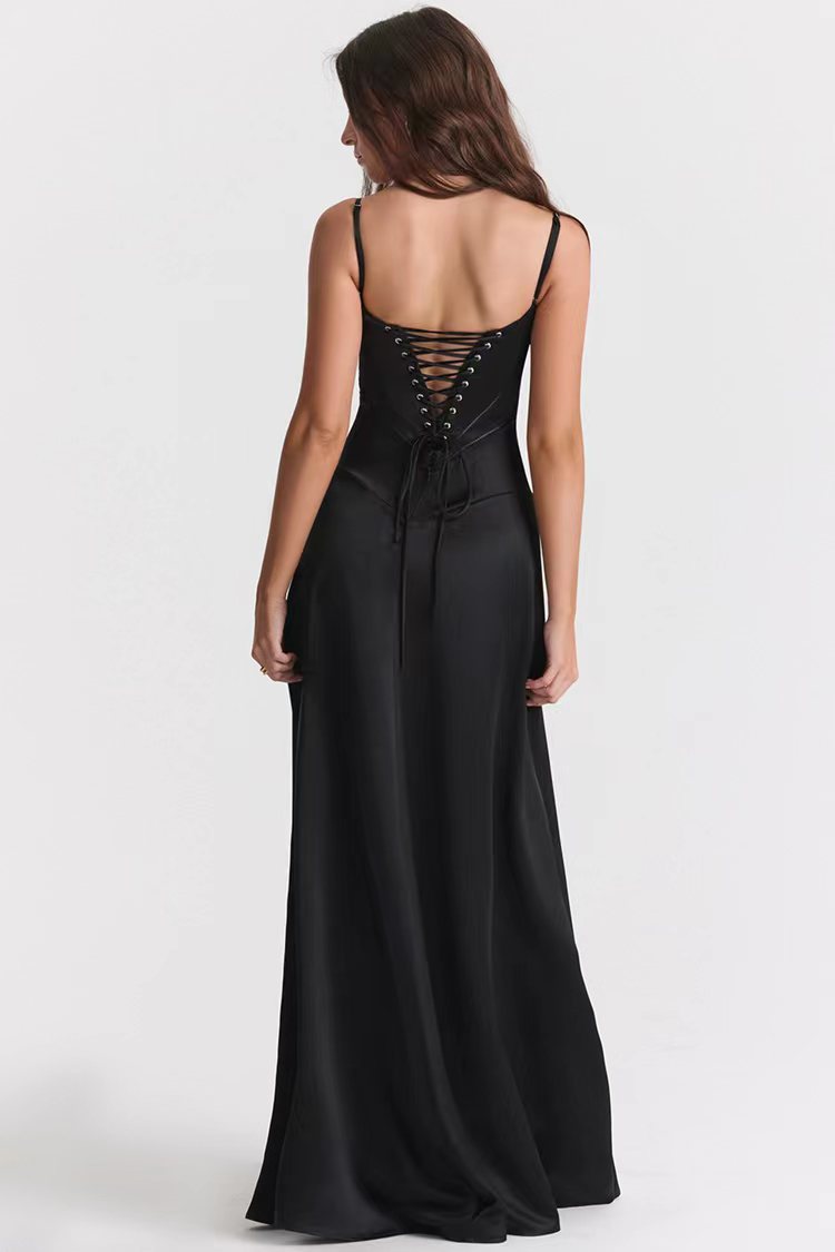Women’s Evening Dress – Satin Finish – Slim Fit – Spaghetti Strap – Open Back Gown
