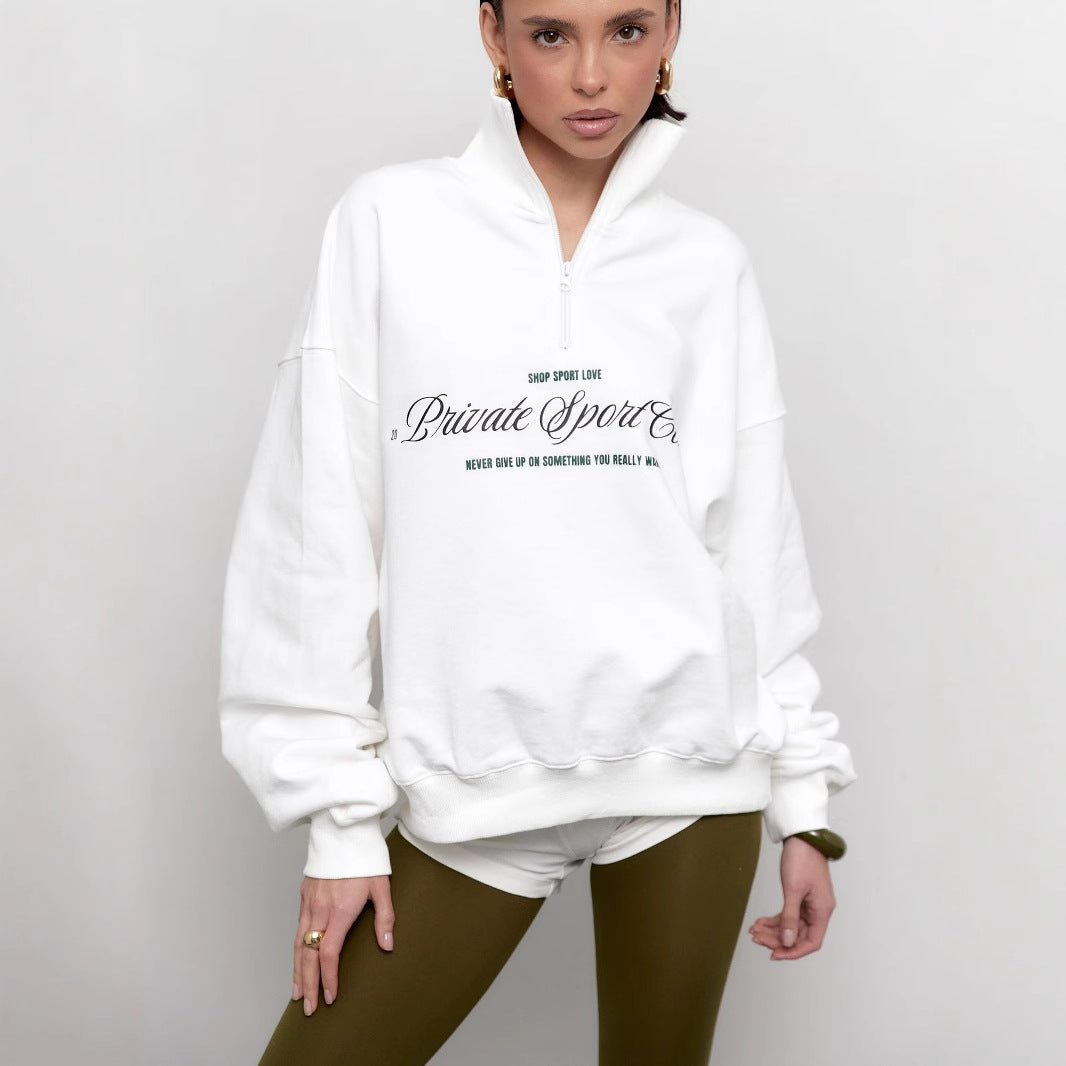 Women’s Sweatshirt – Oversized Fit – Cotton Blend – Half Zip – Letter Print – Long Sleeve