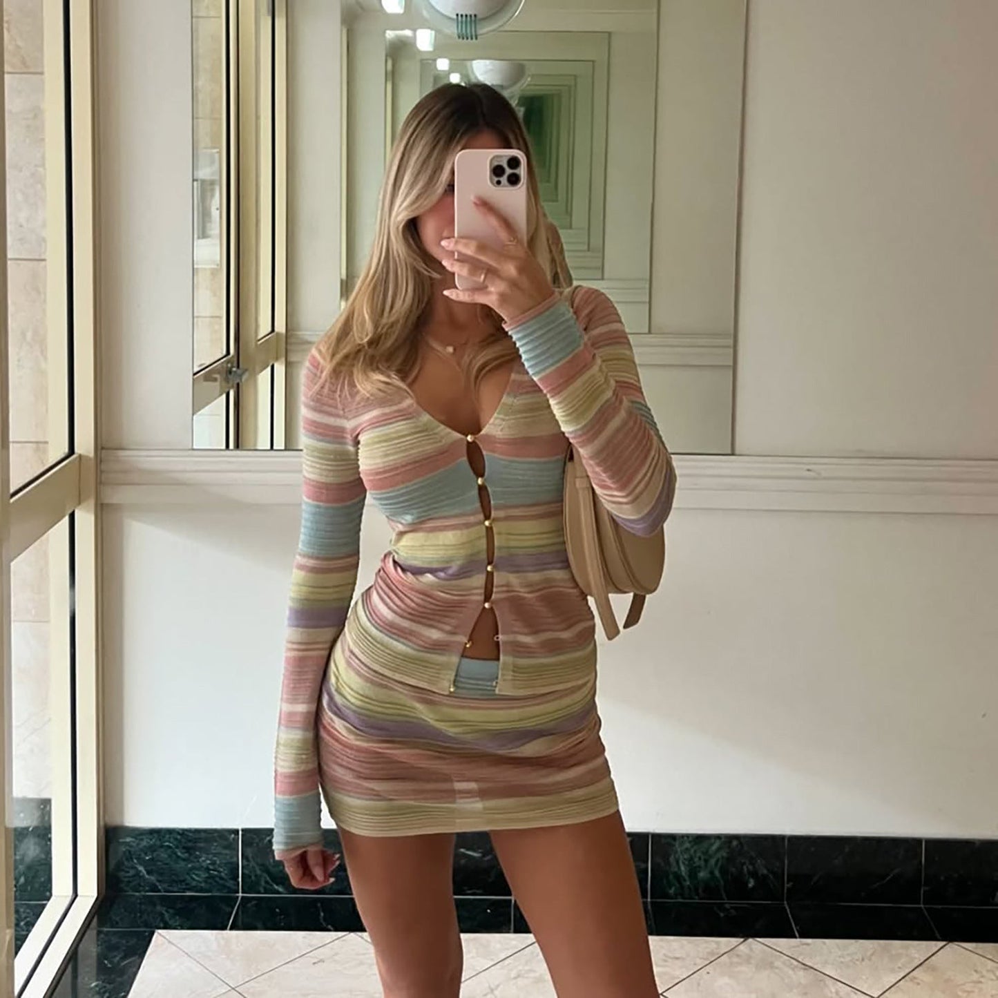 Women’s Knit Cardigan and Skirt Set – Slim Fit – Button Front – Striped Mini Two Piece