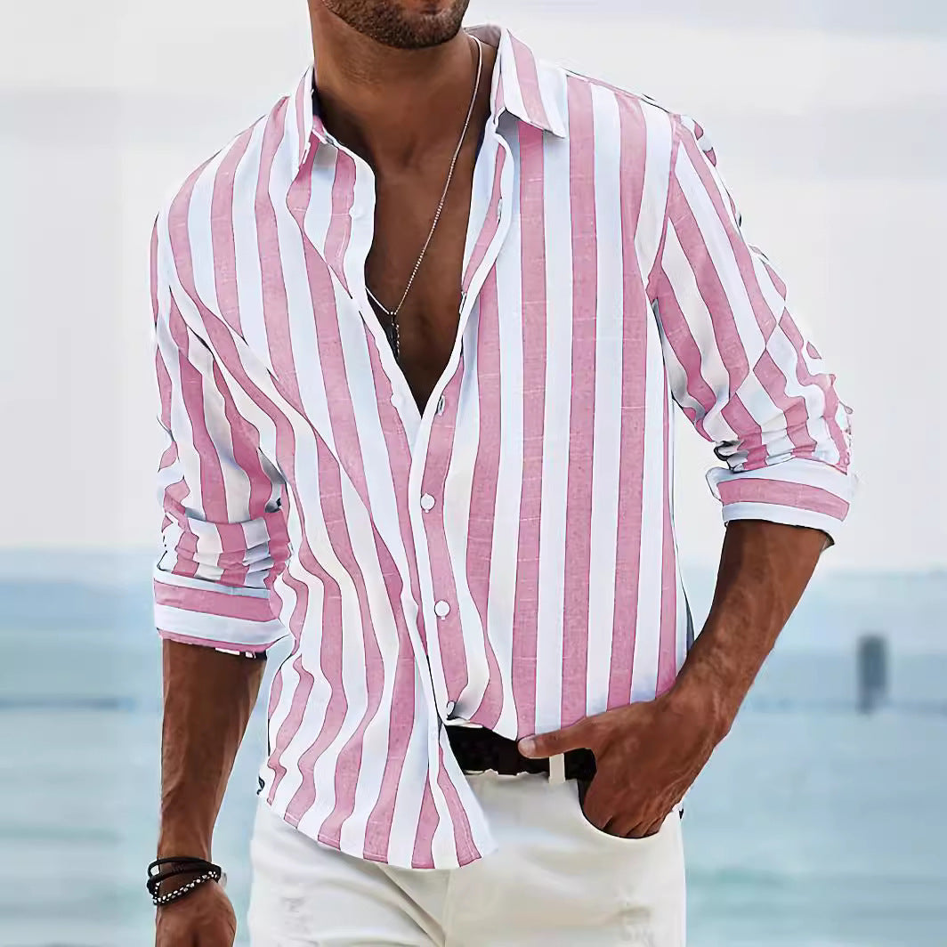 Men’s Long Sleeve Shirt – Cotton Linen Blend – Relaxed Fit – Button-Up Striped Casual