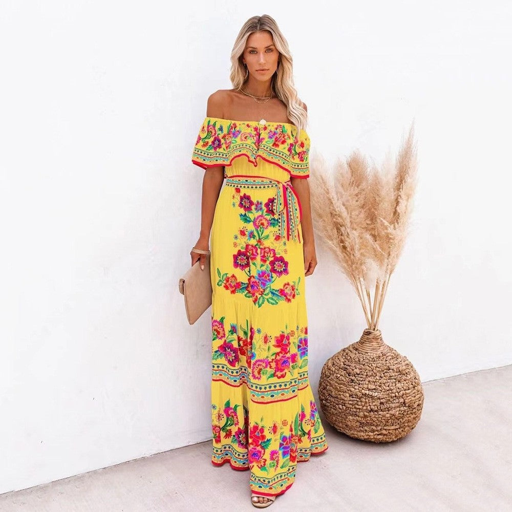 Women’s Maxi Dress – Off-Shoulder Ruffle Neckline – Floral Print – Tiered Skirt – Belted Waist