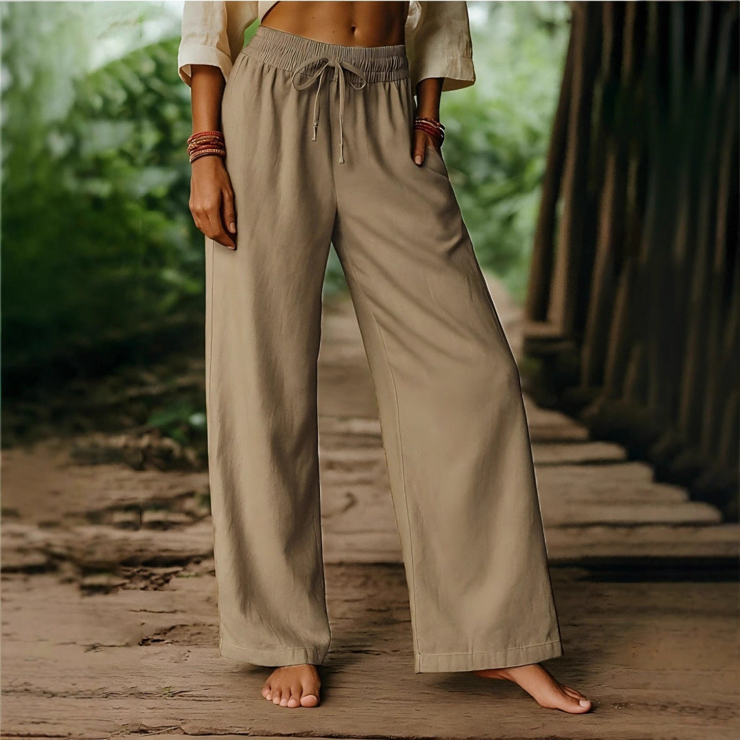 Women’s Wide Leg Trousers – Cotton Linen – Elastic Drawstring Waist – Relaxed Fit