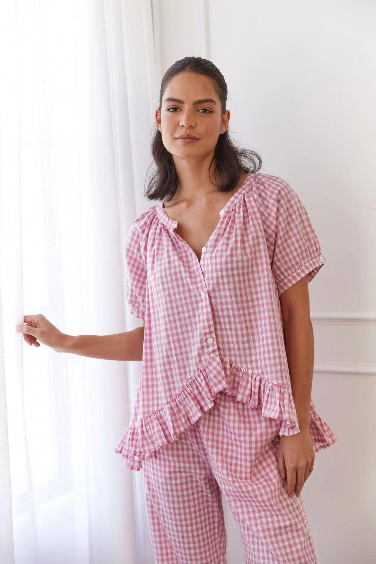 Women’s Matching Shirt and Pant Set – Lightweight Cotton – Relaxed Fit – Ruffle Trim