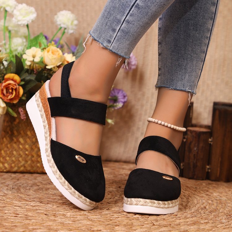 Women’s Wedge Sandals – Closed Toe – Suede-Like Upper – Jute Heel – Wide Straps