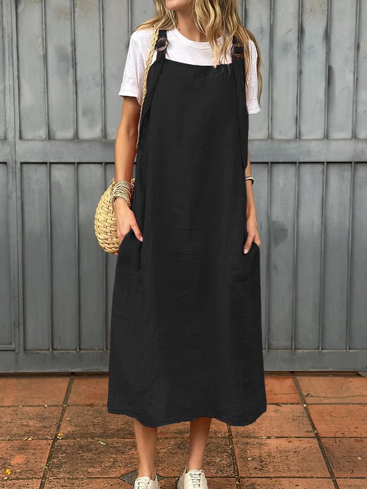 Women’s Midi Dress – Relaxed Fit – Adjustable Straps – Front Pockets
