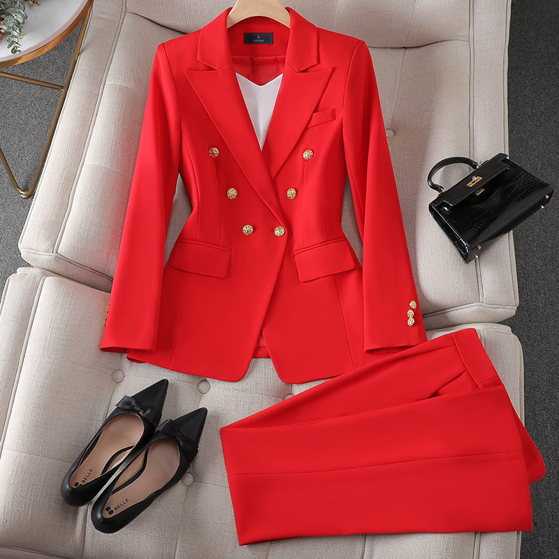 Women’s Suit Set – Tailored Fit – Double-Breasted – Gold Buttons – Structured Design