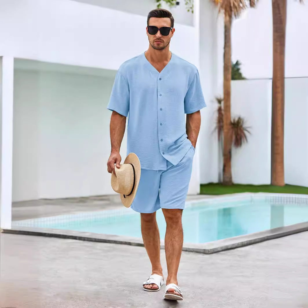 Men’s Two-Piece Set – V-Neck Button Shirt – Relaxed Fit Shorts – Breathable Cotton