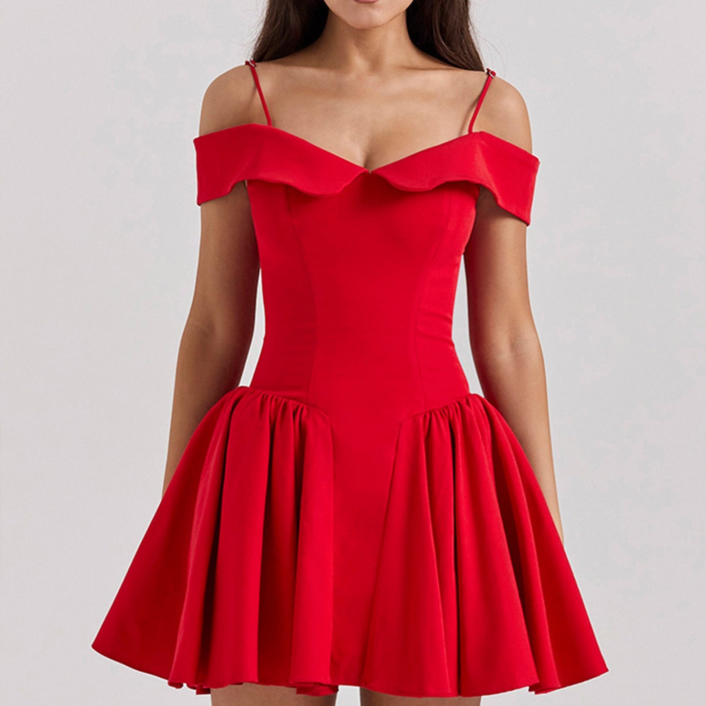 Women’s Off-Shoulder Midi Dress – Fitted Waist – A-Line – Spaghetti Straps – Elegant Fit