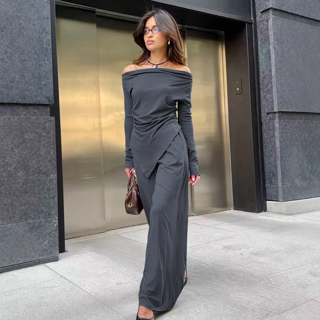 Women’s Knit Set – Off-Shoulder Slim Top – Asymmetrical Hem – Wide-Leg Trousers