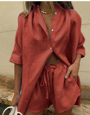 Women’s Two-Piece Set – Lightweight Linen Blend – Relaxed Fit Shirt and Drawstring Shorts