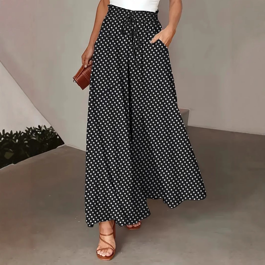 Women’s Wide-Leg Trousers – Flowy Fit – Polka Dot – Drawstring Waist – Breathable Fabric