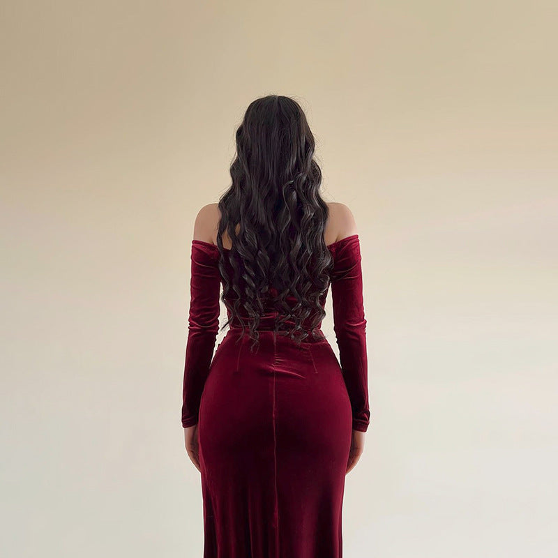 Women’s Long Dress – Velvet – Bodycon Fit – Off Shoulder – Crossover Bust – High Slit