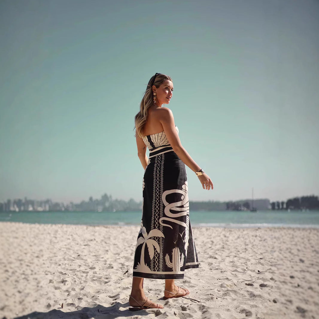Women’s Strapless Top and Skirt Set – Slim Fit – Shell Print – High Waist Midi Skirt