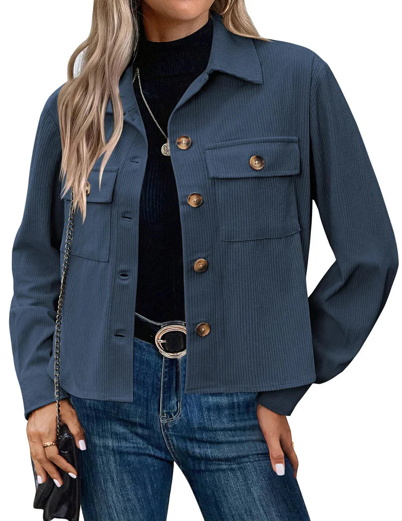 Women’s Utility Jacket – Relaxed Fit – Ribbed Texture – Button Front – Chest Pockets