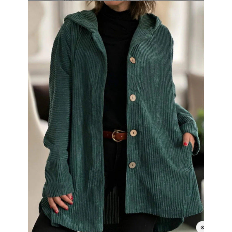 Women’s Hooded Jacket – Corduroy – Relaxed Fit – Mid-Length – Casual Style