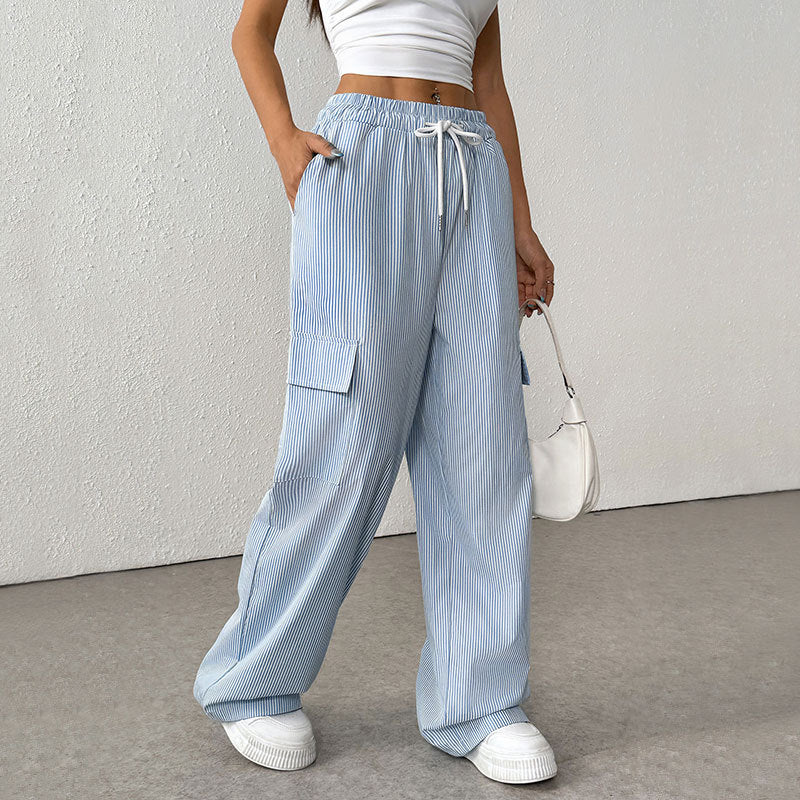 Women’s Wide Leg Trousers – Cotton Blend – Loose Fit – Full Length – Striped – Pockets