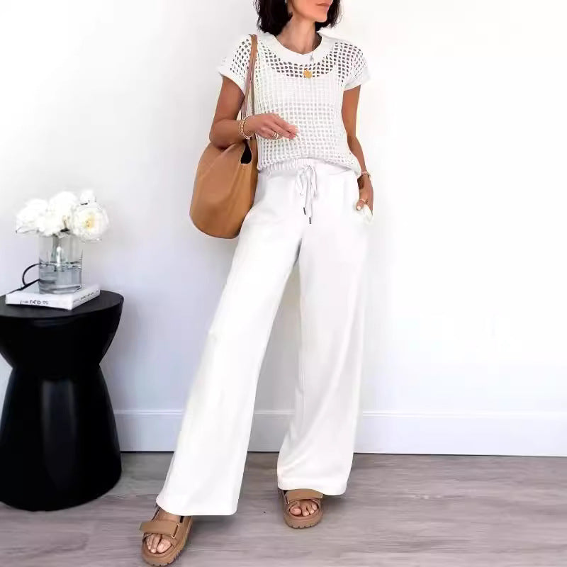 Women’s Two-Piece Set – Open-Knit Top – Wide-Leg Pants – Relaxed Fit – Breathable Fabric
