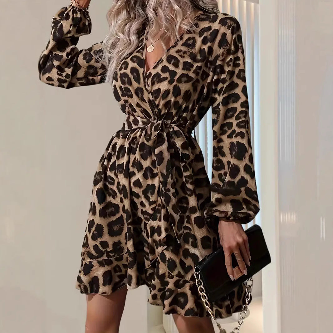 Women’s Wrap Midi Dress – Tailored Fit – V-Neck – Tie Waist – Balloon Sleeve – Leopard Print