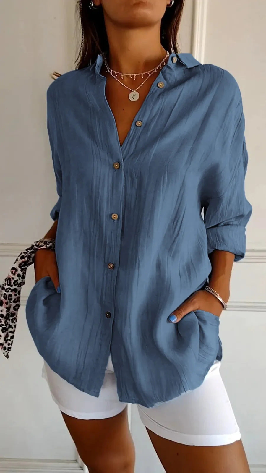 Women's Button-Down Long Sleeve Shirt – Relaxed Fit with Lapel Collar