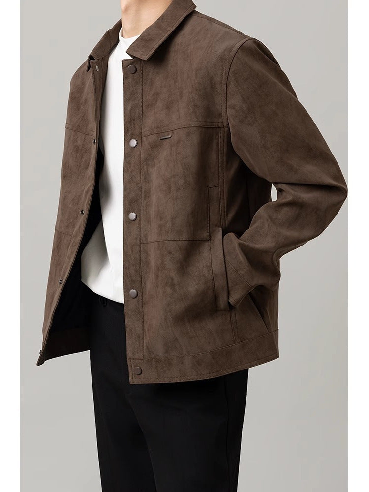 Men’s Suede Jacket – Regular Fit – Button-Up Front – Classic Collar – Hip Length