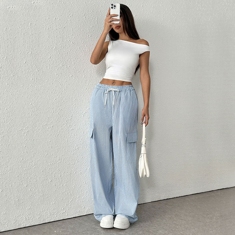 Women’s Wide Leg Trousers – Cotton Blend – Loose Fit – Full Length – Striped – Pockets