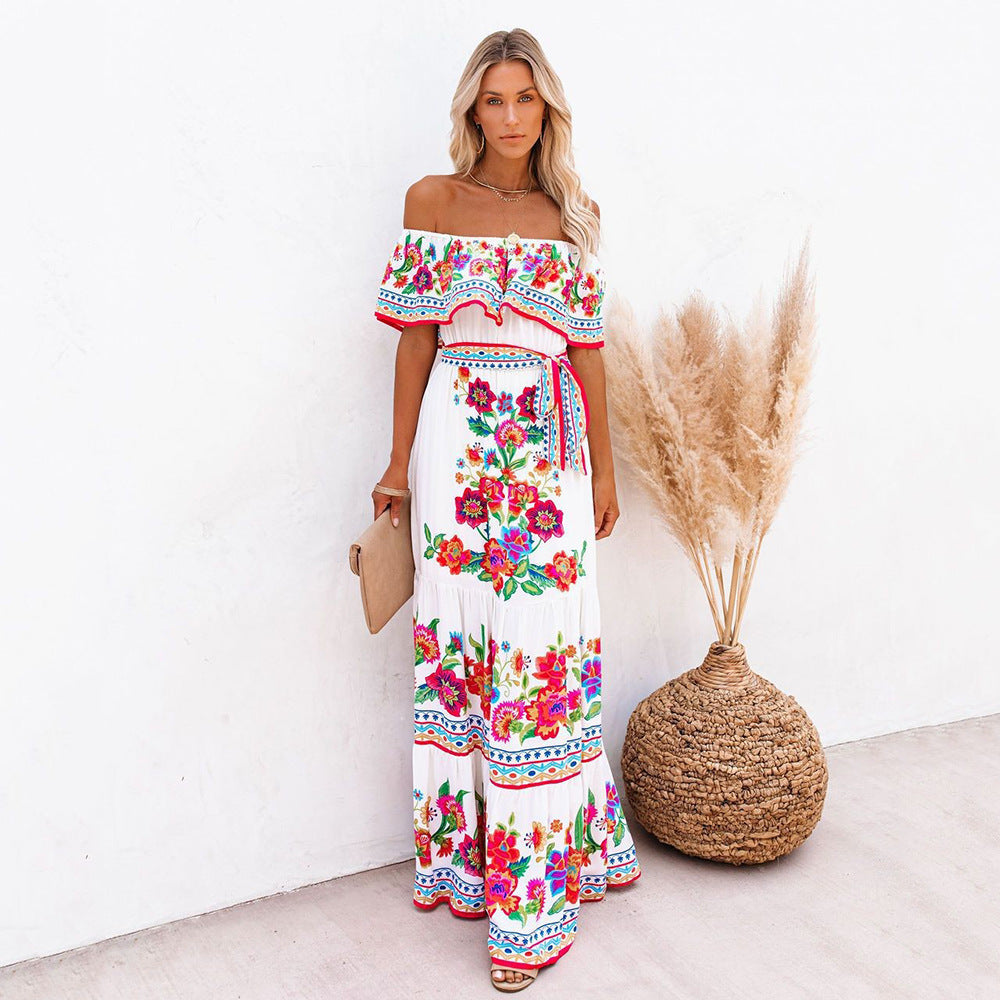 Women’s Maxi Dress – Off-Shoulder Ruffle Neckline – Floral Print – Tiered Skirt – Belted Waist