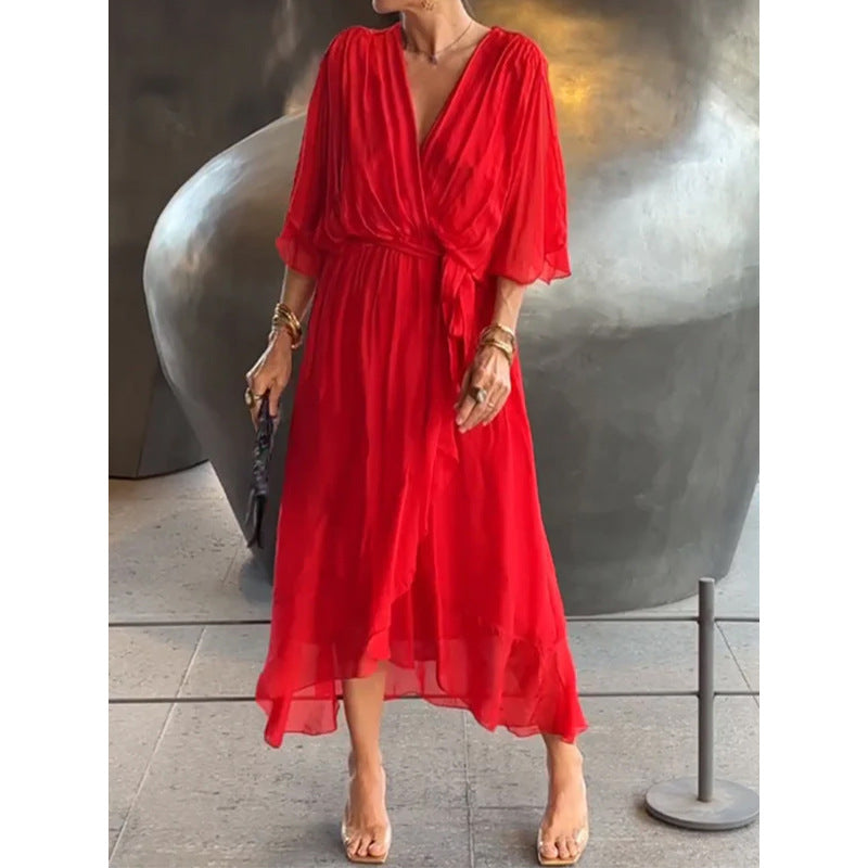 Women’s Maxi Dress – Relaxed Fit – Batwing Sleeves – Tie Waist – Asymmetrical Hem