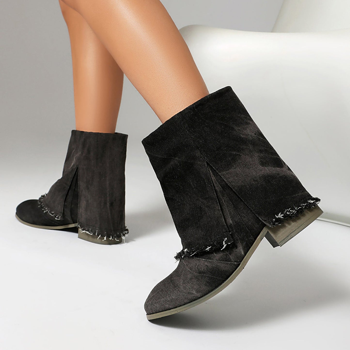 Women’s Ankle Boots – Denim Fabric – Distressed Trim – Side Slits – Slip-On Casual Fit