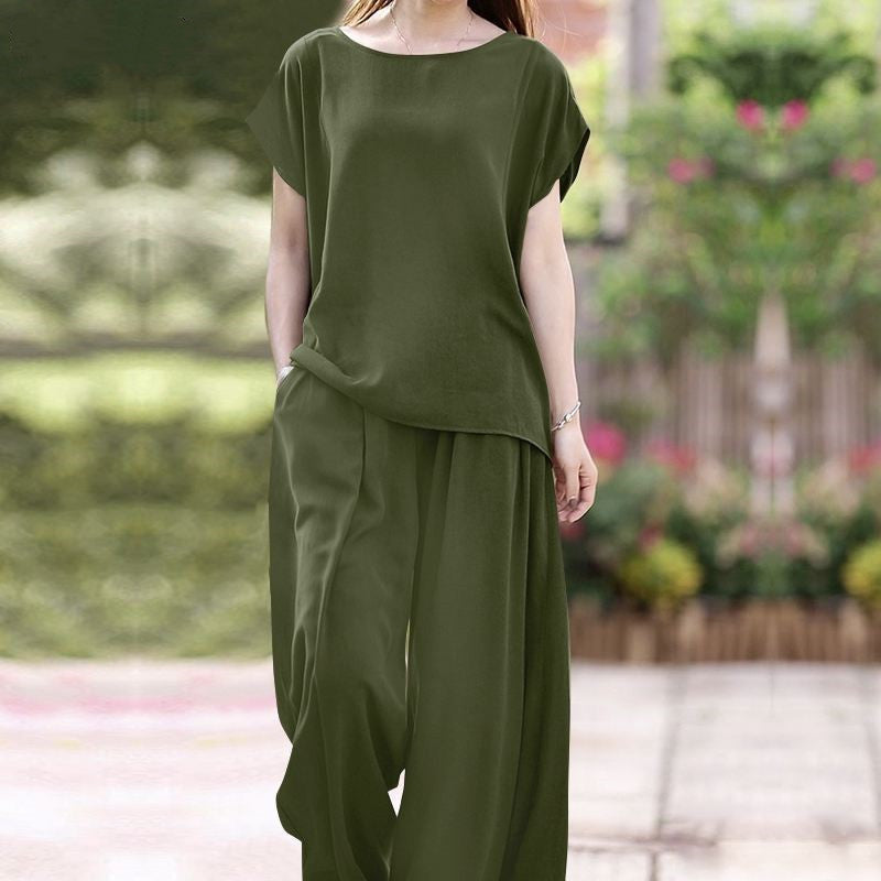 Women’s Two-Piece Set – Loose Fit Blouse – Wide-Leg High-Waist Trousers – Breathable Fabric