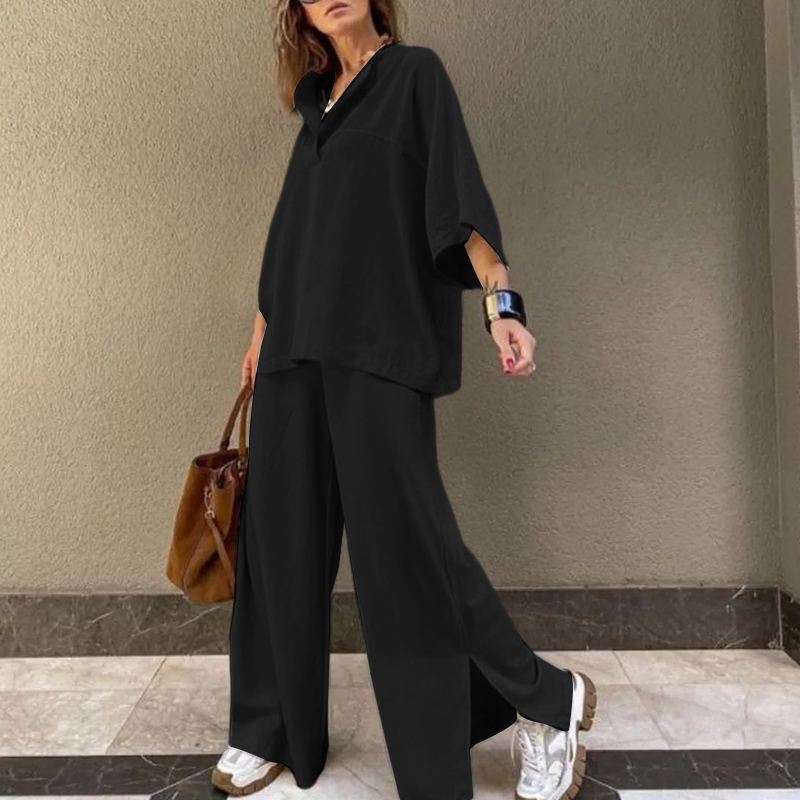 Women's Relaxed Fit Oversized Tunic and Wide-Leg Trousers Set