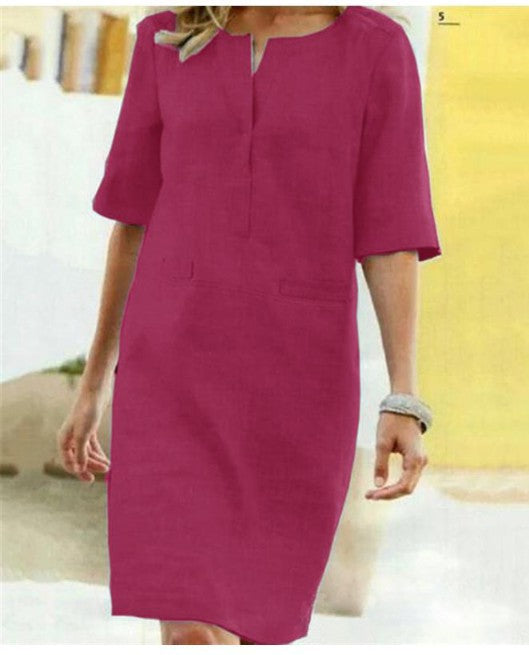 Women's Shift Dress - Cotton Linen Blend - Knee Length - Half Sleeve - V-Slit Neck
