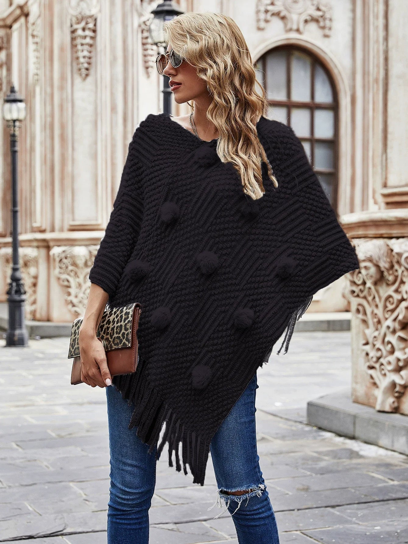 Women’s Shawl Sweater – Relaxed Fit – Knit Wool – Fur Ball & Tassel Trim