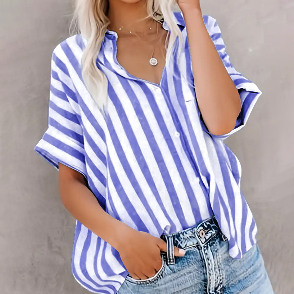 Women’s Short Sleeve Shirt – Lightweight Cotton – Relaxed Fit – Striped Button Front