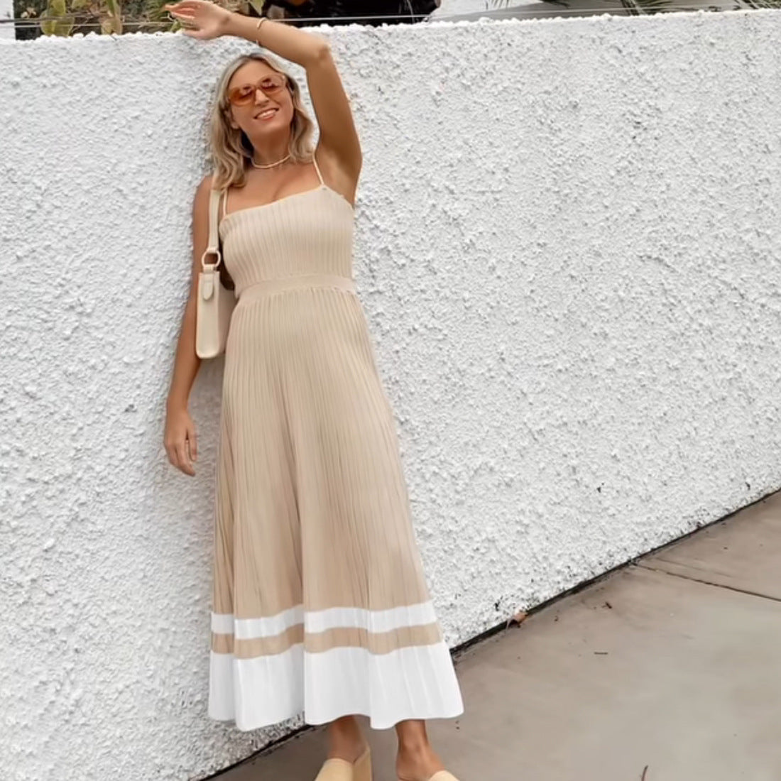 Women’s Maxi Dress – Knit Fabric – Slim Fit – Pleated Skirt – Spaghetti Straps