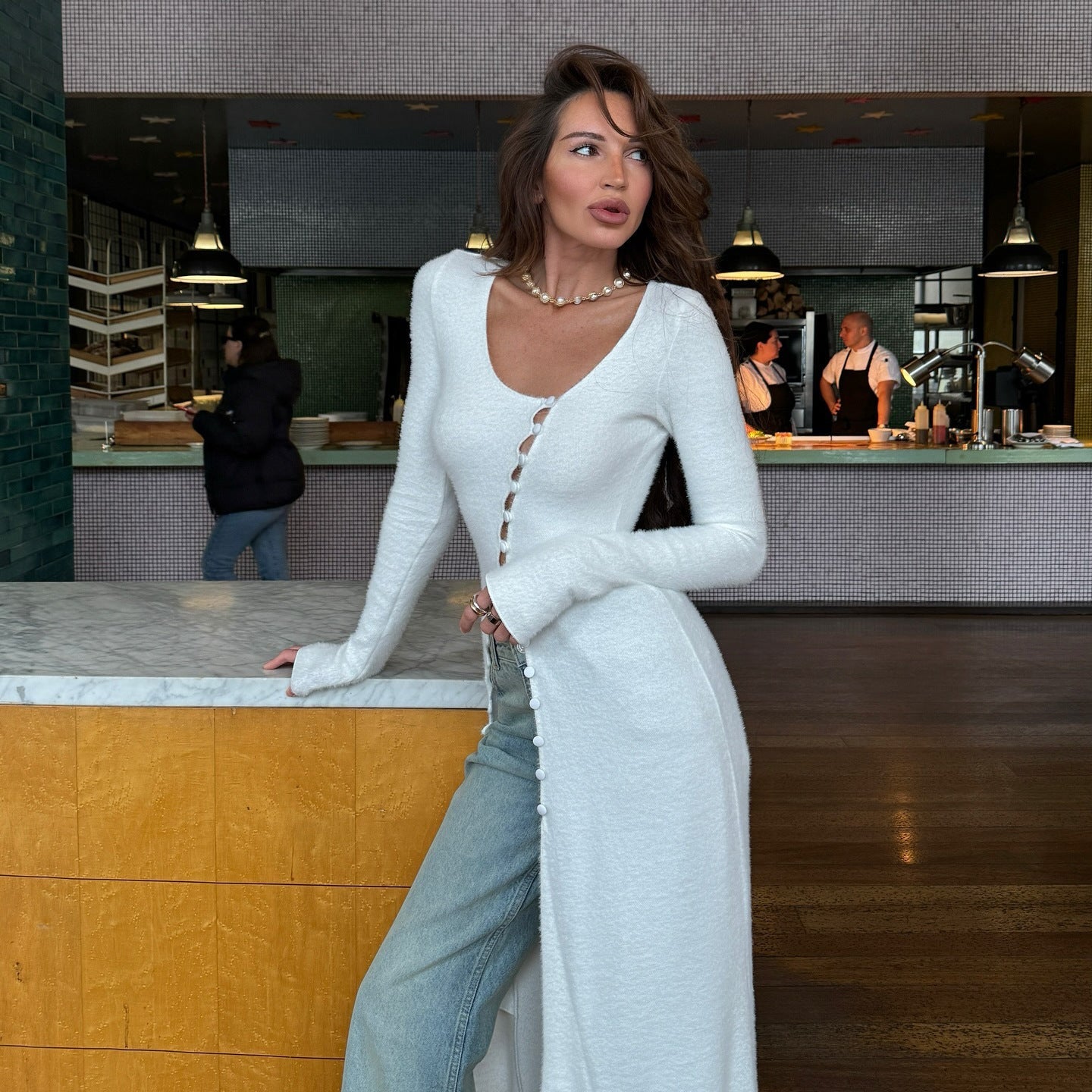 Women’s Knit Cardigan – Slim Fit – Plush Fabric – Maxi Length – Button Front – Scoop Neck