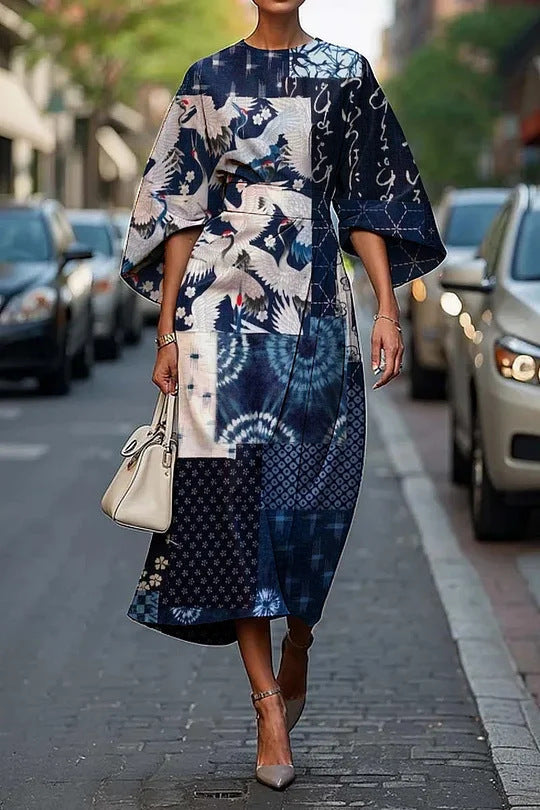Women’s Midi Dress – A-Line Fit – Kimono Sleeves – Floral Print