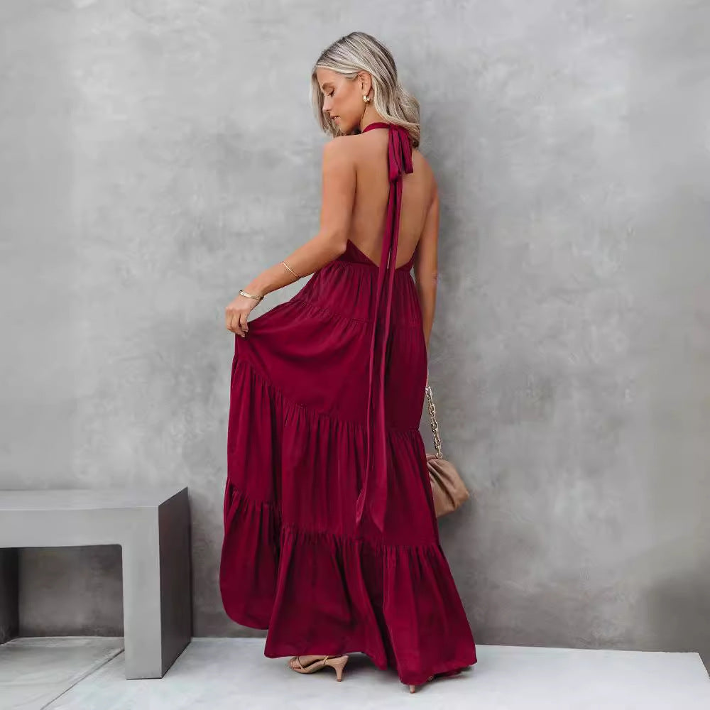 Women’s Halter Dress – Lightweight Cotton Blend – Tiered Skirt – Cinched Waist Fit