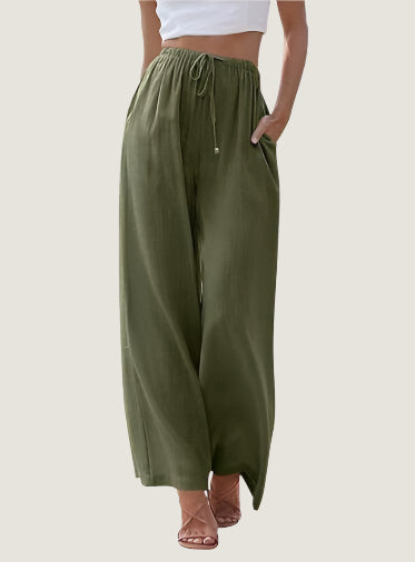 Women’s Wide-Leg Trousers – Linen Blend – Relaxed Fit – Drawstring Waist – Full Length