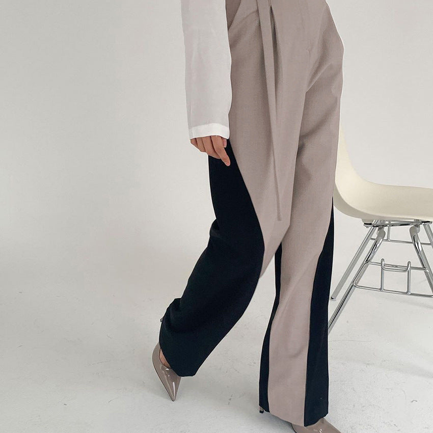 Women’s Wide-Leg Trousers – High Waist – Belted Ring Waistband – Colour Block Panel