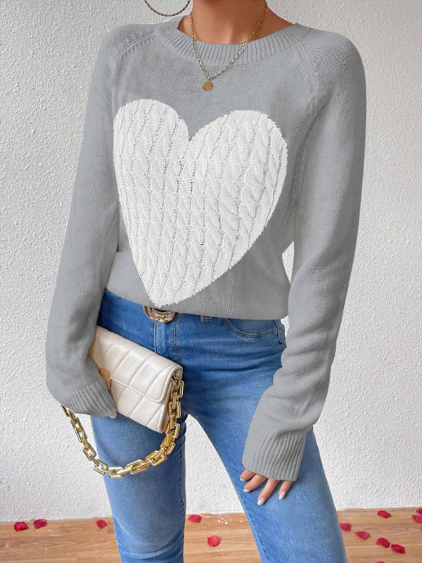 Women’s Pullover Sweater – Knitted – Relaxed Fit – Heart Motif – Crew Neck Casual Wear