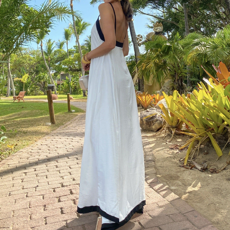 Women’s Maxi Dress – Loose Fit – Lightweight Fabric – Thin Straps – Contrast Detail