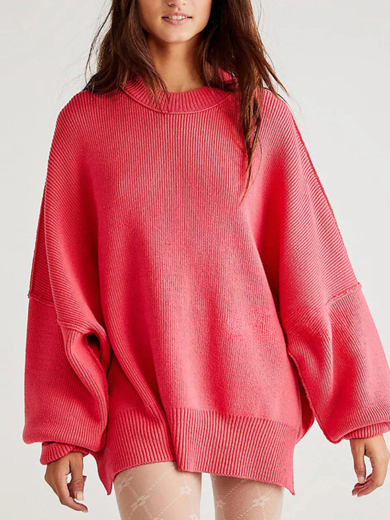 Women’s Pullover Knit Sweater – Oversized Fit – Crew Neck – Long Sleeve – Side Slits