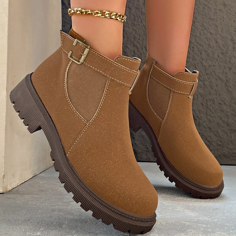 Women’s Ankle Boots – Faux Leather – Chunky Sole – Round Toe – Retro Buckle Detail