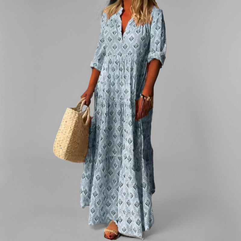 Women’s Maxi Dress – Lightweight Cotton – Loose Fit – V-Neck – Vintage Print – 3/4 Sleeve
