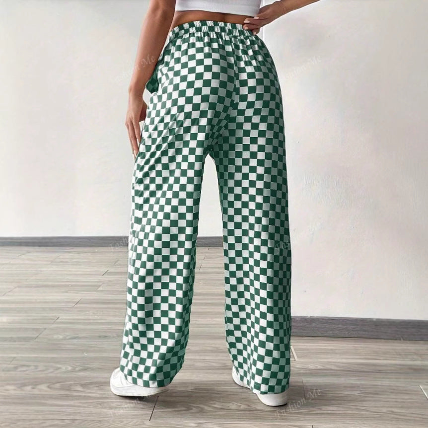 Women’s Wide-Leg Trousers – Relaxed Fit – Checkered Print – Elastic Waist with Drawstring