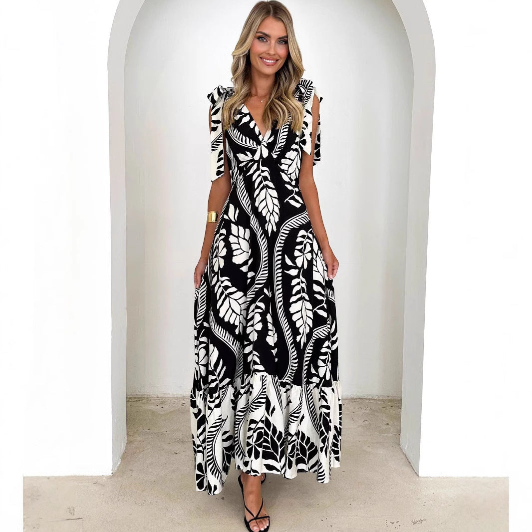Women’s Maxi Dress – Sleeveless V-Neck – Tie Shoulder – Flowing Fit – Printed Design