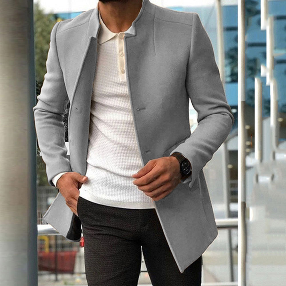 Men’s Overcoat – Slim Fit Wool Blend – Standing Collar – Concealed Placket – Mid Length